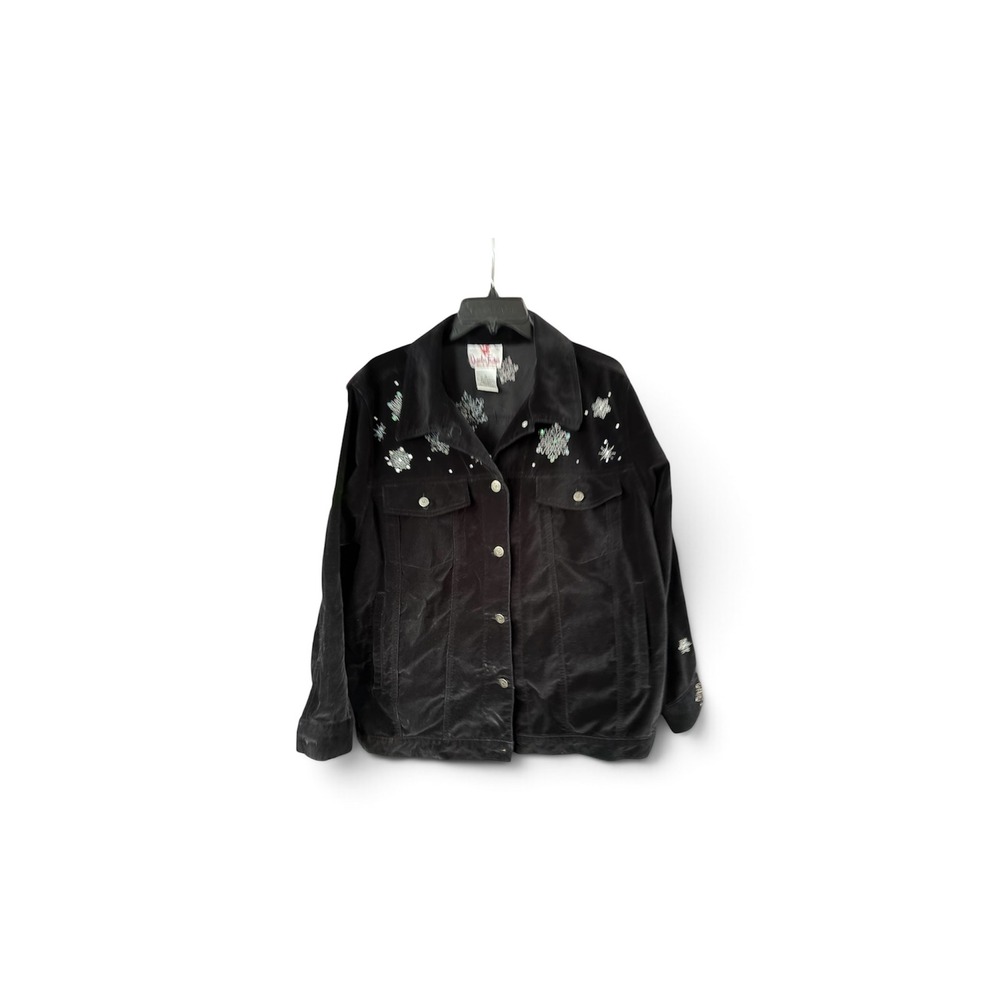 Quacker Factory Womens 1X Black Corduroy Snowman Snowflake Holiday Jacket Sequin